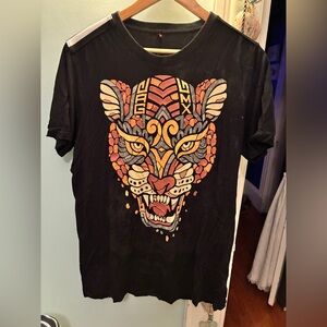 Black Graphic T-Shirt with big cat Aztec inspired Design